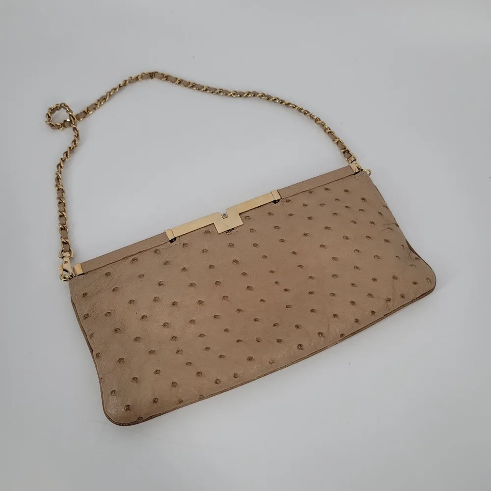 ALIEL Beige Ostrich Leather Flat Clutch Handbag NEW Made in Italy Gold